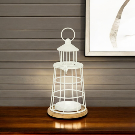 12" White And Natural Metal And Wood Lighthouse Tabletop Lantern Candle Holder - Image 1
