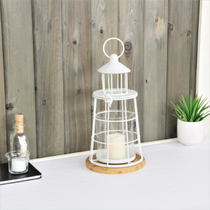 12" White And Natural Metal And Wood Lighthouse Tabletop Lantern Candle Holder - Image 10