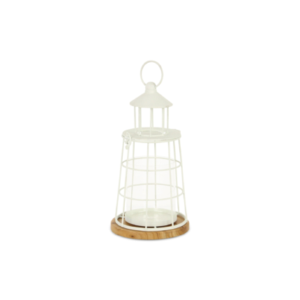 12" White And Natural Metal And Wood Lighthouse Tabletop Lantern Candle Holder - Image 3
