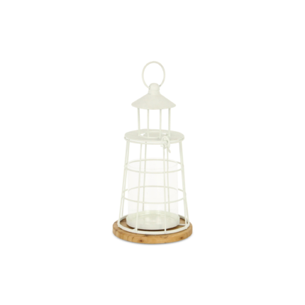 12" White And Natural Metal And Wood Lighthouse Tabletop Lantern Candle Holder - Image 4