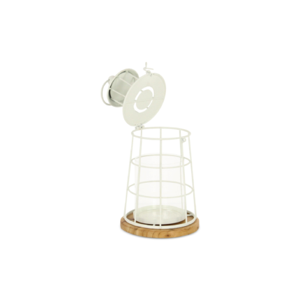 12" White And Natural Metal And Wood Lighthouse Tabletop Lantern Candle Holder - Image 5