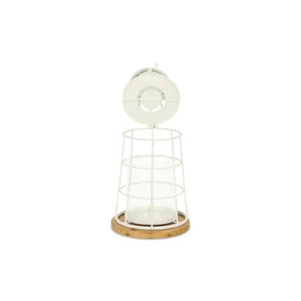 12" White And Natural Metal And Wood Lighthouse Tabletop Lantern Candle Holder - Image 6