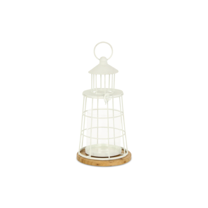 12" White And Natural Metal And Wood Lighthouse Tabletop Lantern Candle Holder - Image 9
