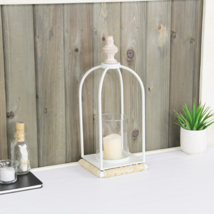 14" White Metal With Wood And Rope Tabletop Lantern Candle Holder - Image 7