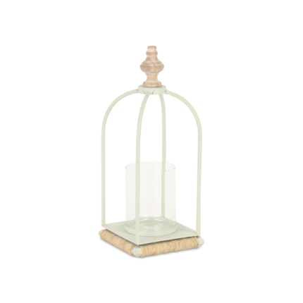14" White Metal With Wood And Rope Tabletop Lantern Candle Holder - Image 2