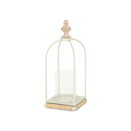 14" White Metal With Wood And Rope Tabletop Lantern Candle Holder - Image 3