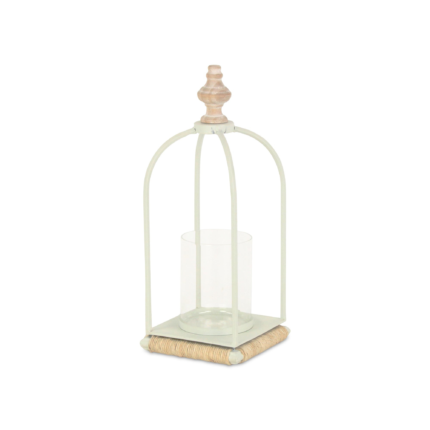 14" White Metal With Wood And Rope Tabletop Lantern Candle Holder - Image 6
