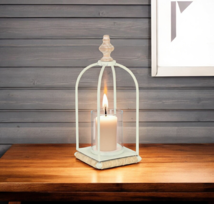 14" White Metal With Wood And Rope Tabletop Lantern Candle Holder - Image 1