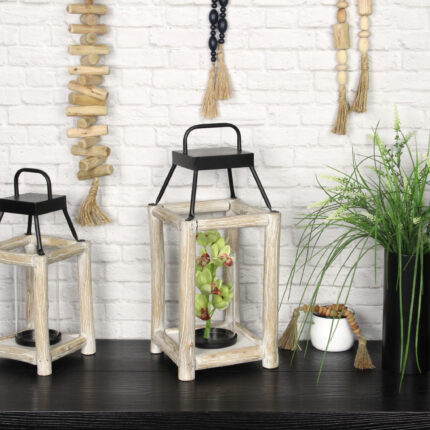 18" Black And Natural Distressed Glass Metal And Wood Tabletop Lantern Candle Holder - Image 8