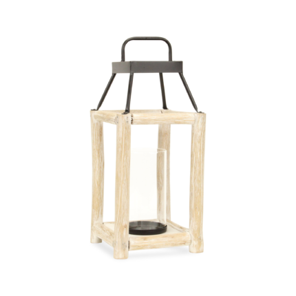 18" Black And Natural Distressed Glass Metal And Wood Tabletop Lantern Candle Holder - Image 2