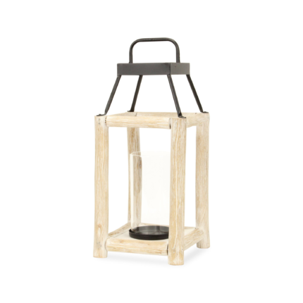 18" Black And Natural Distressed Glass Metal And Wood Tabletop Lantern Candle Holder - Image 3