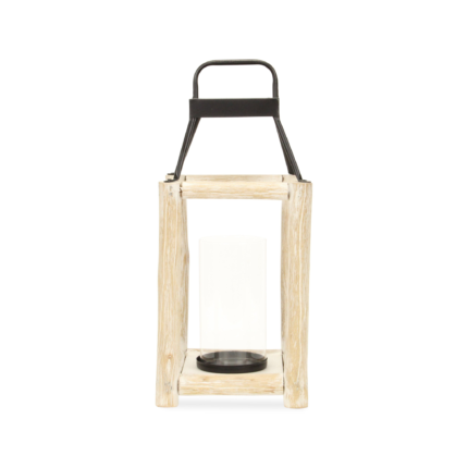 18" Black And Natural Distressed Glass Metal And Wood Tabletop Lantern Candle Holder - Image 4