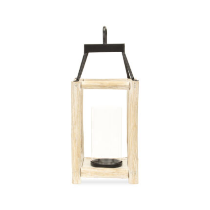 18" Black And Natural Distressed Glass Metal And Wood Tabletop Lantern Candle Holder - Image 5