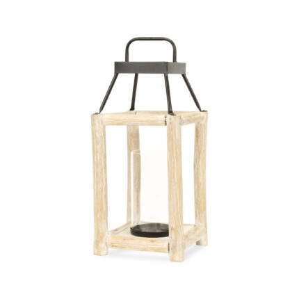 18" Black And Natural Distressed Glass Metal And Wood Tabletop Lantern Candle Holder - Image 7