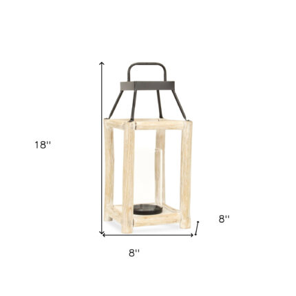 18" Black And Natural Distressed Glass Metal And Wood Tabletop Lantern Candle Holder - Image 9