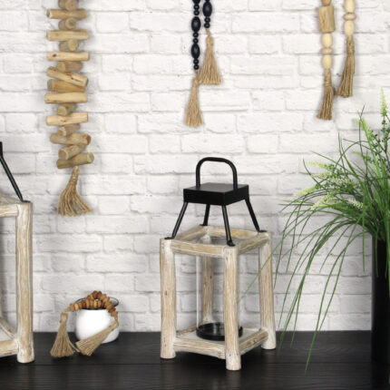 15" Natural And Black Glass Metal And Wood Tabletop Lantern Candle Holder - Image 7