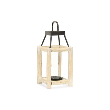 15" Natural And Black Glass Metal And Wood Tabletop Lantern Candle Holder - Image 2