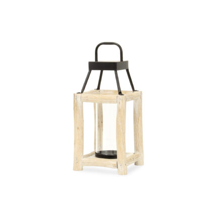 15" Natural And Black Glass Metal And Wood Tabletop Lantern Candle Holder - Image 3