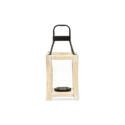 15" Natural And Black Glass Metal And Wood Tabletop Lantern Candle Holder - Image 4