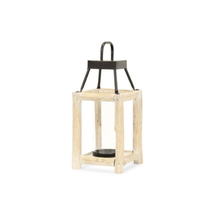 15" Natural And Black Glass Metal And Wood Tabletop Lantern Candle Holder - Image 6
