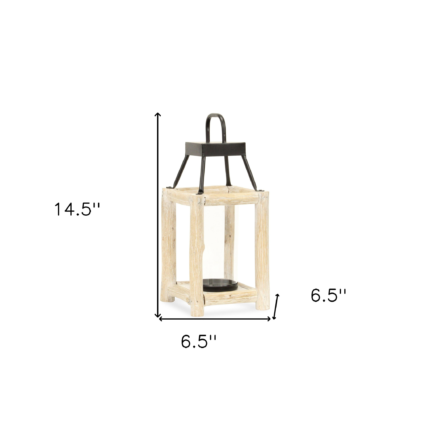 15" Natural And Black Glass Metal And Wood Tabletop Lantern Candle Holder - Image 8
