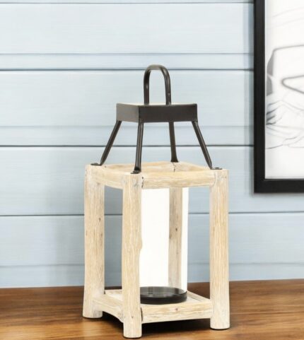 15" Natural And Black Glass Metal And Wood Tabletop Lantern Candle Holder - Image 1
