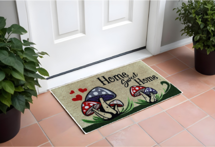 18" X 30" Beige and Black Coir Mushrooms Home Sweet Home Outdoor Door Mat - Image 1
