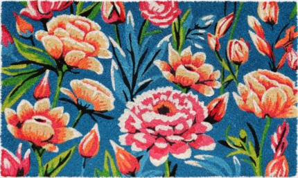 18" X 30" Blue and Pink Coir Floral Outdoor Door Mat - Image 1