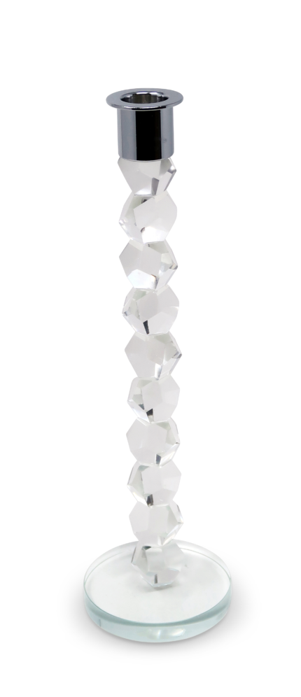 11" Clear And Silver Geo Stacks Crystal Tabletop Taper Candlestick - Image 2