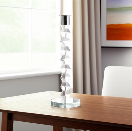 11" Clear And Silver Geo Stacks Crystal Tabletop Taper Candlestick - Image 1
