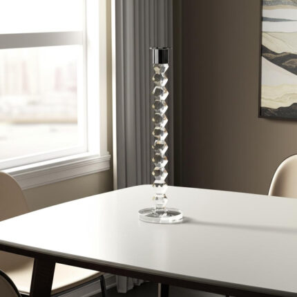 14" Clear And Silver Geo Stacks Crystal Tabletop Taper Candlestick - Image 1