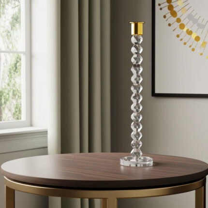 14" Clear And Gold Geo Stacks Crystal Tabletop Taper Candlestick - Image 1