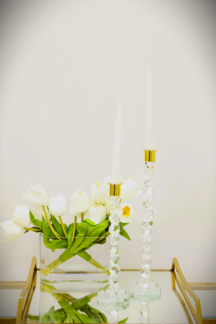 14" Clear And Gold Geo Stacks Crystal Tabletop Taper Candlestick - Image 6