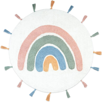 32" White Blue And Pink Cotton Rainbows Round Youthful Bath Rug - Image 4