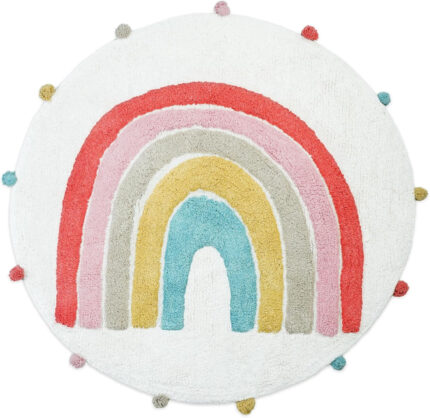32" White Pink And Yellow Cotton Rainbows Round Youthful Bath Rug - Image 3