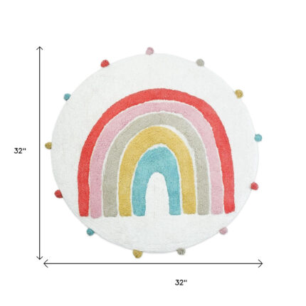 32" White Pink And Yellow Cotton Rainbows Round Youthful Bath Rug - Image 6