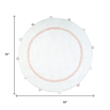32" Light Pink And White Cotton Round Geometric Bath Rug - Image 6