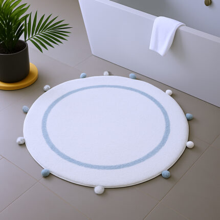 32" Baby Blue And White Cotton Round Geometric Bath Rug - Image 2