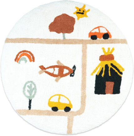 32" White Yellow And Red Cotton Cars Round Youthful Bath Rug - Image 3