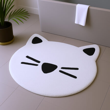 32" Black And White Cotton Cat Shaped Youthful Bath Rug - Image 2