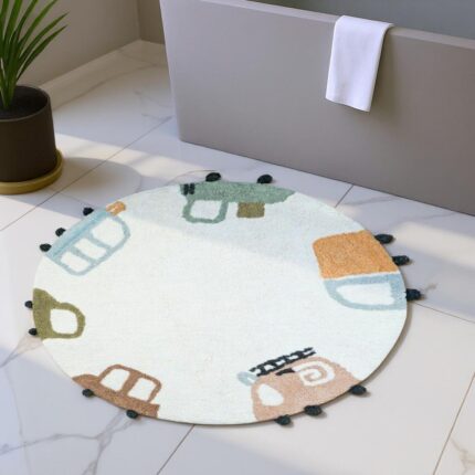 32" Blue Green And White Cotton Cars Round Youthful Bath Rug - Image 2