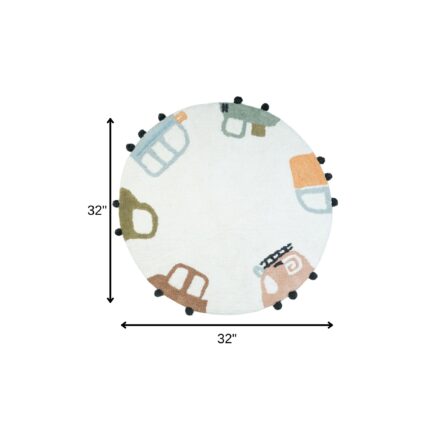 32" Blue Green And White Cotton Cars Round Youthful Bath Rug - Image 6