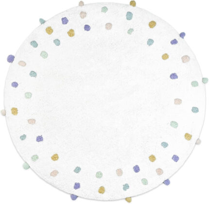 32" Green Purple And White Cotton Round Polka Dots Bath Rug - Image 1