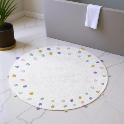 32" Green Purple And White Cotton Round Polka Dots Bath Rug - Image 2