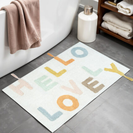 32" Blue White And Yellow Cotton Hello Lovely Youthful Bath Rug - Image 1