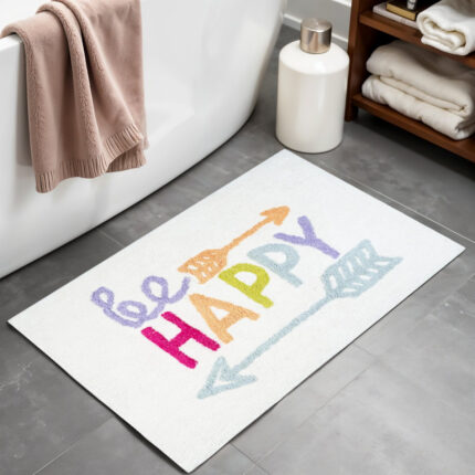 32" White Purple And Green Cotton Be Happy Youthful Bath Rug - Image 2