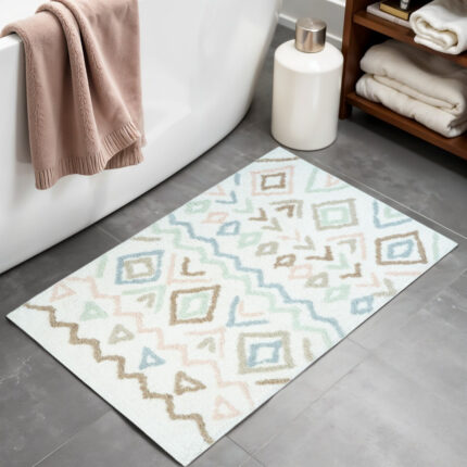 32" Blue Brown And White Cotton Geometric Bath Rug - Image 2