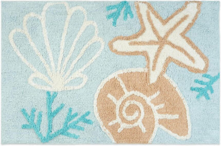 32" Blue Tan And White Cotton Seashells And Coral Bath Rug - Image 1