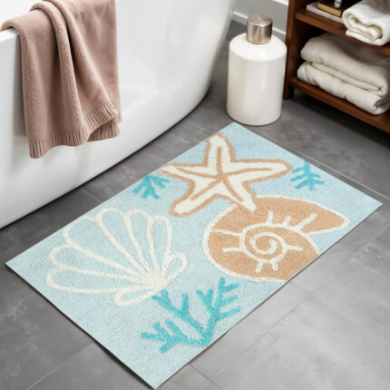 32" Blue Tan And White Cotton Seashells And Coral Bath Rug - Image 2