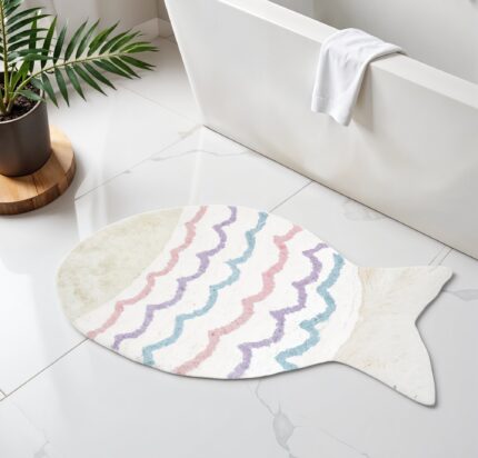 32" White Pink And Purple Cotton Fish Shaped Youthful Bath Rug - Image 2